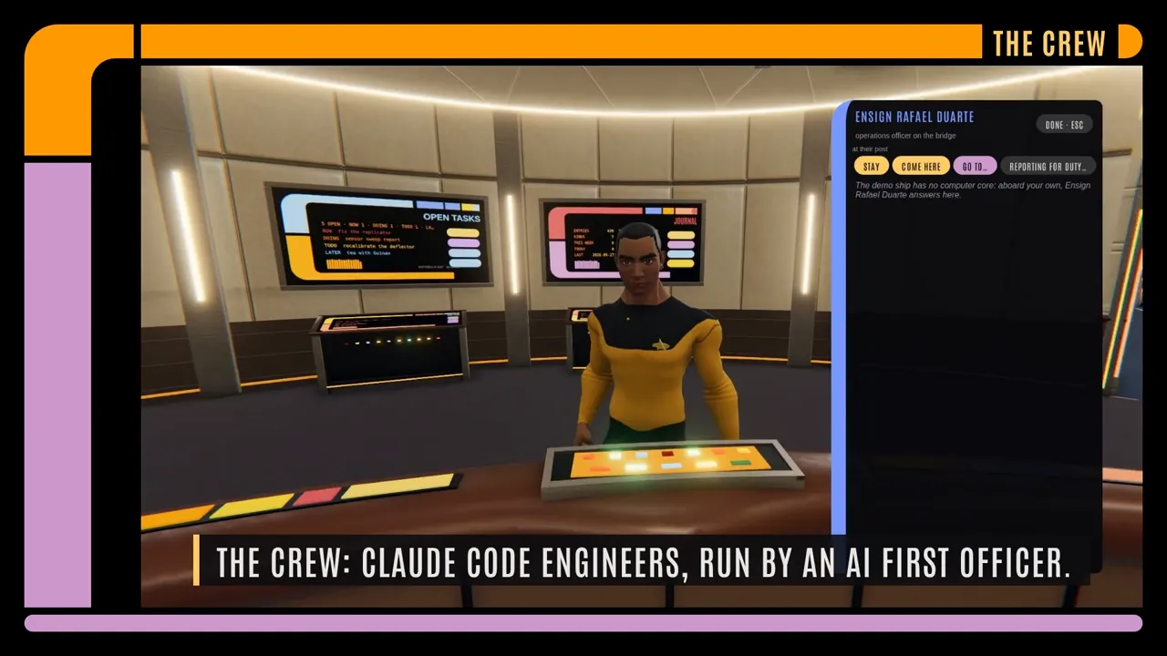 The crew: an engineer at the deck's console, beside the branches they work on